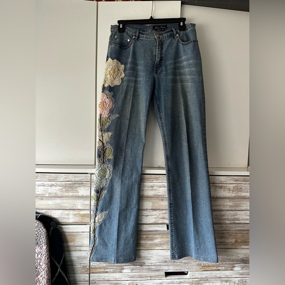 lana erica Denim - 🌸 Lara Erica Embroidered Floral Wide Leg Jeans Size 6 Boho Statement